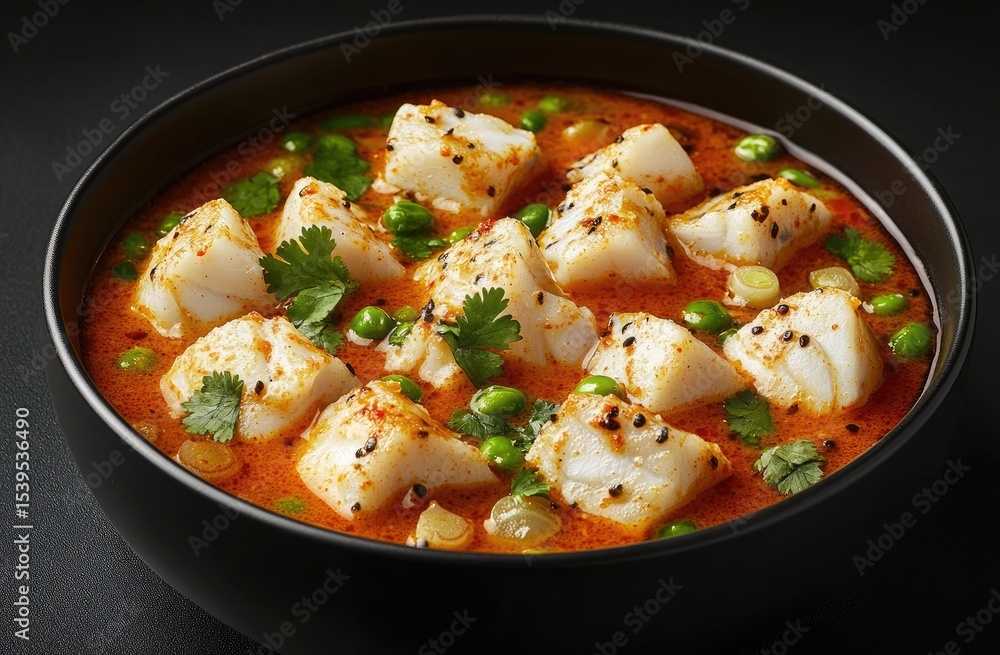 Spicy white fish curry in a bowl, with peas and herbs Spicy white fish curry in a bowl, with peas and herbs