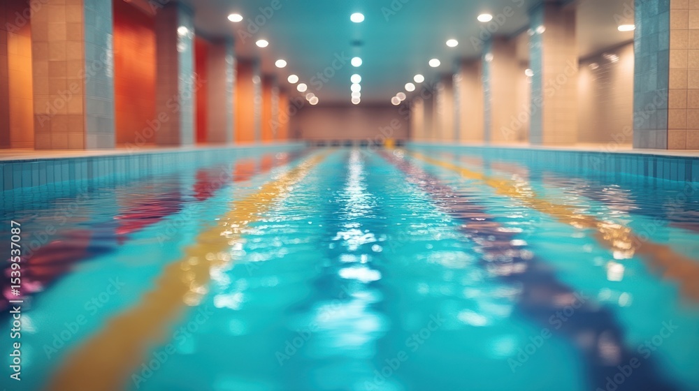 Obraz premium Empty swimming pool indoor with lanes blurred.