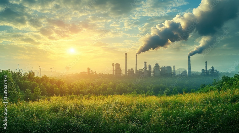 Factory spewing smoke over a green landscape. Factory spewing smoke over a green landscape.