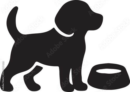 Black silhouette of a dog with a food bowl, ideal for pet care designs, canine illustrations, or logos, providing a practical and engaging image for commercial or pet-related creative works