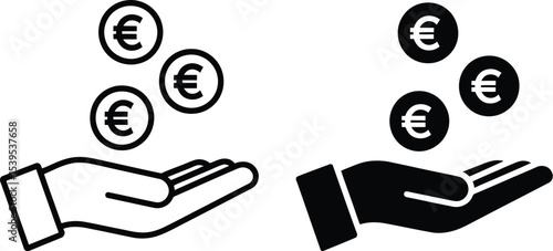 Two hands holding euro coins in black and white vector illustration