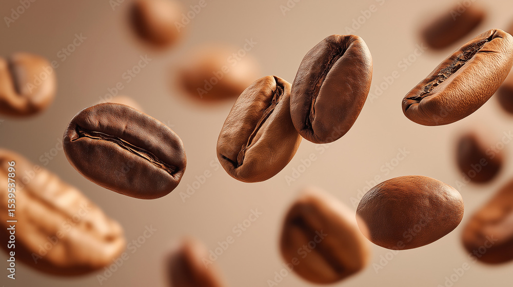 Fototapeta premium Floating coffee beans in warm tones, a serene horizontal arrangement celebrating simplicity and natural beauty.