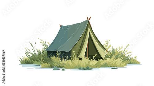 A digital illustration depicts a green camping tent situated in a grassy meadow against a white background. The tent is a muted olive-green with lighter yellowish-green panels at the bottom.