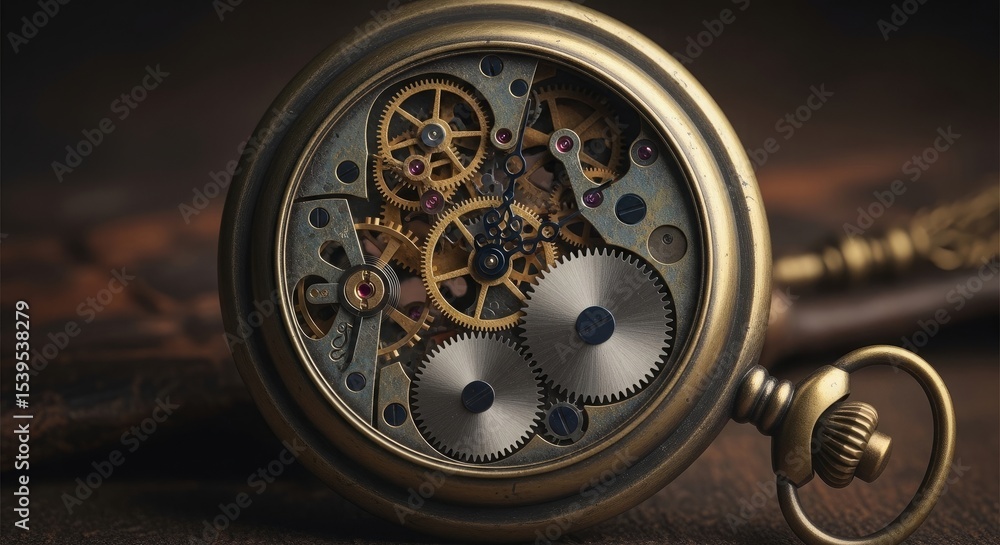 Obraz premium Close-up of a vintage pocket watch with its intricate gears and mechanisms exposed, resting on a wooden surface.