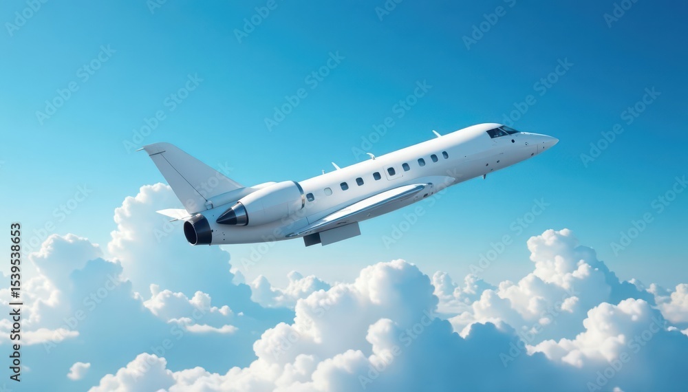 Crisp white jet against vibrant blue sky, puffy cumulus clouds , element, clouds, transportation Crisp white jet against vibrant blue sky, puffy cumulus clouds , element, clouds, transportation
