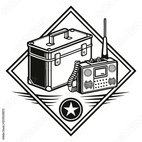 Military logo featuring box radio and star mark vector