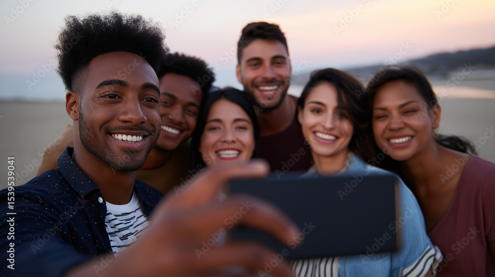 Obraz premium Group of diverse friends smiling and taking a selfie together on the beach at sunset. 