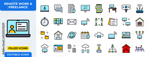 Remote Work & Freelance Vector Icon Set - Filled Icons - Laptop, chat, document, monitor, video call, desk, camera, router, clock, email, internet, networking, folder, home office, global, calendar