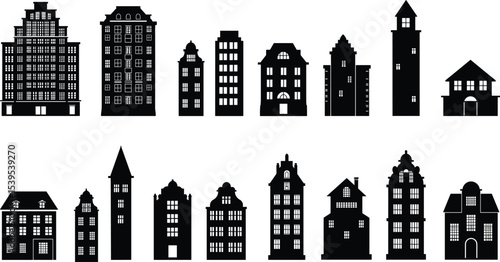 Collection of Amsterdam Style Houses, Dutch Townhouse Silhouettes, Historic European City Architecture, Traditional Canal House Designs, Urban Street Facades, Iconic Gable Roofs, Vector Illustration"