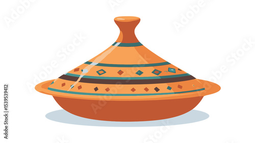 A digital illustration of a traditional Moroccan tagine pot. The pot is orange with geometric patterns in teal, brown, and black around the middle of the conical lid. The illustration is clean and