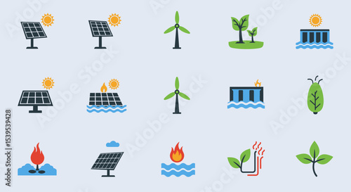 Green Energy Icon Set – Hand-Drawn Flat Style with Eco Symbols & Clean Power Concepts
