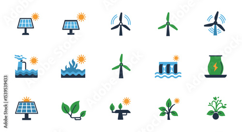 Green Energy Icon Set – Hand-Drawn Flat Style with Eco Symbols & Clean Power Concepts