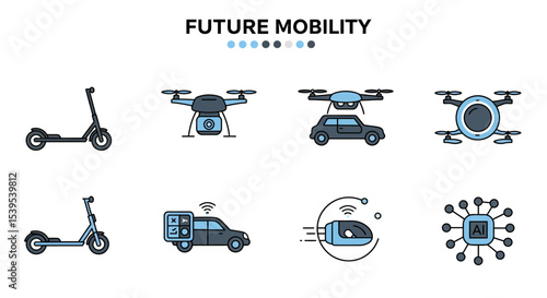 Future Mobility Icon Set – Simple Flat Symbols of Smart, Eco & Urban Transport