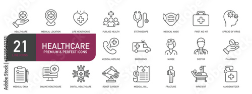 Set of line icons related to healthcare, medical, hospital, doctor. Outline icons collection. Editable stroke. Vector illustration