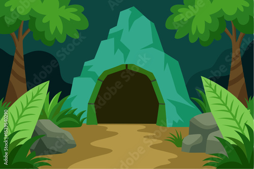 Jungle cave entrance cartoon background illustration