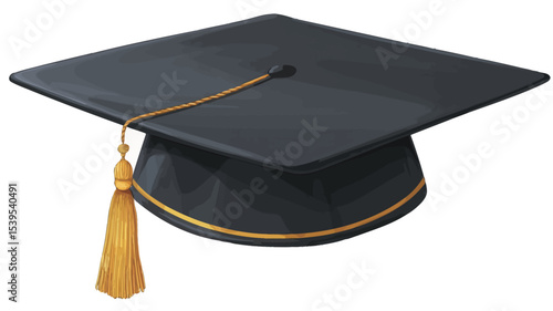 A close-up, high-angle shot of a black graduation cap with a gold tassel. The cap is square and the tassel hangs from the top center. There is a thin gold band visible around the bottom edge of the