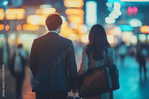 Businessman and businesswoman talking and hold luggage travel to business trip., Generative AI