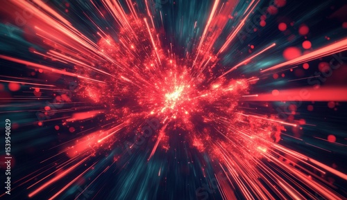 Abstract explosion, vibrant red and teal streaks, radiating outwards