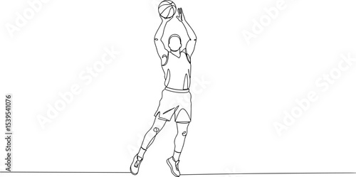 Continuous line drawing of basketball player jumping and shooting ball, minimal sketch sports action, athlete movement outline vector, dynamic pose isolated, sport concept illustration.