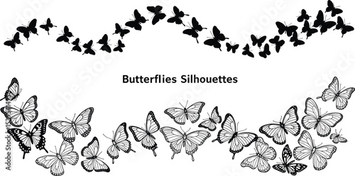 Butterfly silhouettes vector collection, black flying butterflies, insect pattern design, nature clipart graphic, decorative butterfly shapes, isolated swarm illustration, elegant bug