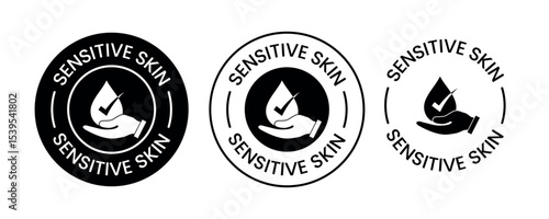 Sensitive Skin Approved Icon – Hand with Water Drop and Checkmark Badge for Skincare Product Labels (Black & White Version)