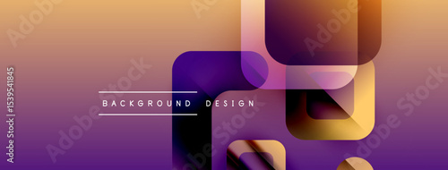 Abstract geometric shapes overlap, creating vibrant gradient background. Purple, orange hues dominate design, modern aesthetic.