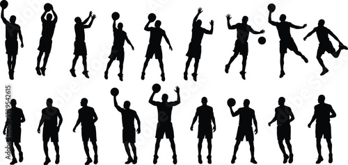 Silhouette of basketball players in various action poses, jump shots, dribbling, defense moves, isolated on white background, perfect vector set for sports design and illustrations.