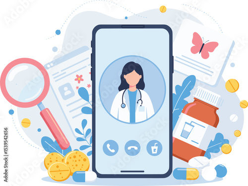 Online Medical Diagnosis, Telehealth Consultation, Virtual Doctor, Remote Healthcare, Digital Patient Care, Mobile Health App, E-Medicine Technology, Symptom Checker  flat vector illustration