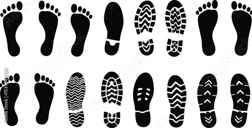 Footprint icons set, barefoot silhouette, shoe sole imprint vector, walking steps symbol, footwear pattern design, black foot shape art, isolated walking icons, sole tracking marks.