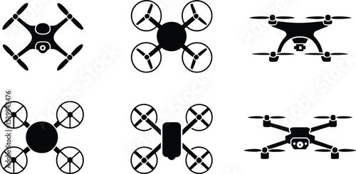 Collection of drone icons in black silhouette on a white background