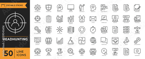 Headhunting outline icon set. Containing recruitment, employment, hiring, job, career, resume, work group, candidate, HR, business and more. Editable stroke. Vector illustration.