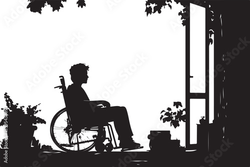 Disabled person in wheelchair, silhouette, wheelchair, woman, vector, illustration, couple, tree, child, people, park, disabled, wheel, elderly, sitting, bench, carriage, person, love, bike, chair, ol