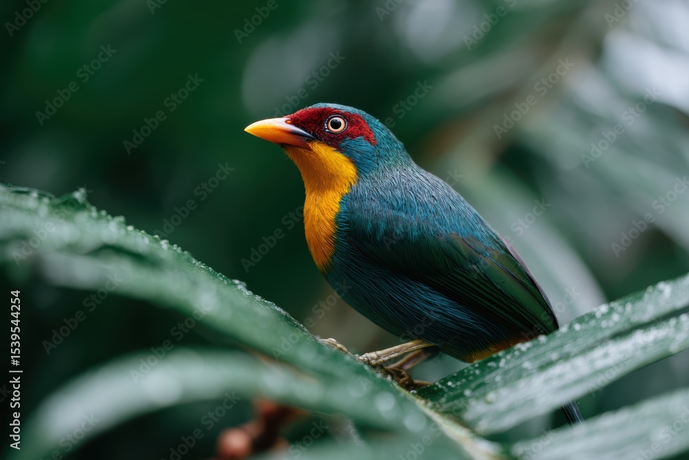 Fototapeta premium Colorful tropical bird perched on lush green branch