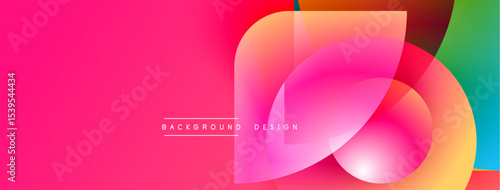 Bright pink backdrop features overlapping translucent shapes. Gradient colors blend, creating modern abstract design. Text reads background design.