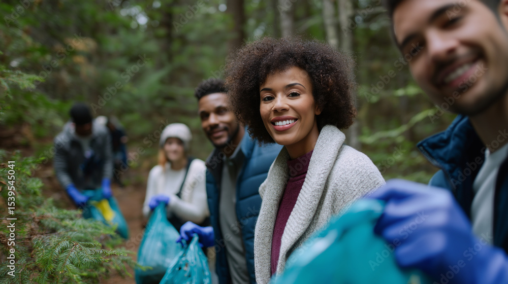 Group of volunteers cleaning up a forest trail with garbage bags and gloves.
Group of volunteers cleaning up a forest trail with garbage bags and gloves.