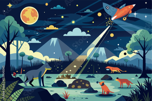 Nighttime exploration of animals under a starlit sky with a rocket launch in the background