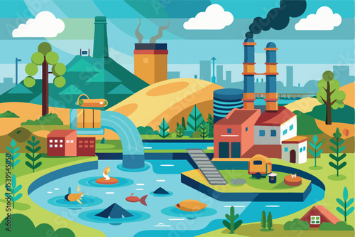 Factory landscape with river, vegetation, and industrial structures during daytime in a vibrant cartoon style