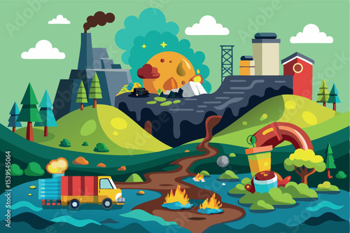 Environmental pollution illustrated in a vibrant landscape with factories, wildlife, and hazards affecting nature