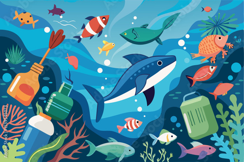 Colorful underwater scene showcasing various fish and marine life amidst floating debris in a vibrant ocean environment