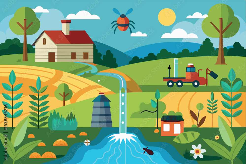 Fototapeta premium Bright landscape with a farmhouse, tractor, and flowing stream in a rural setting during a sunny day