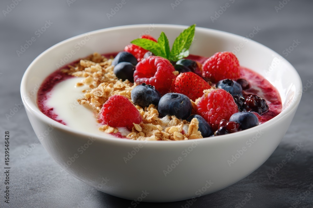 Fresh fruits smoothie bowl with granola and berries served in a white ceramic bowl Fresh fruits smoothie bowl with granola and berries served in a white ceramic bowl