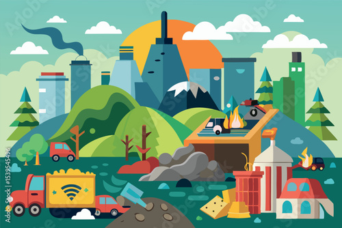 Urban landscape depicting pollution and environmental issues with vehicles and industrial elements in a vibrant setting