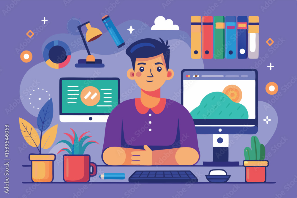 Creative professional working at a desk surrounded by design tools and plants in a vibrant workspace environment Creative professional working at a desk surrounded by design tools and plants in a vibrant workspace environment