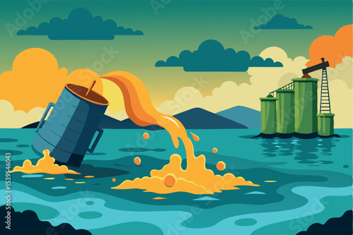 Oil spills into the ocean from a container, threatening marine life and ecosystems during sunset