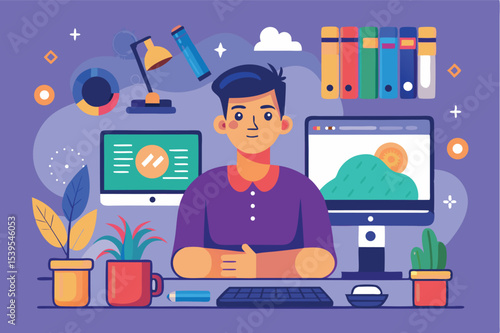Creative professional working at a desk surrounded by design tools and plants in a vibrant workspace environment