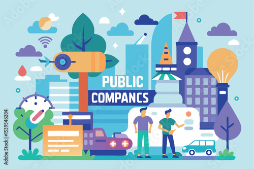 Public companies illustrated in a vibrant cityscape with modern buildings and people engaged in discussion