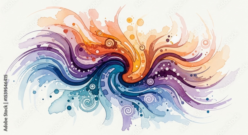 Abstract swirling watercolor painting in vibrant hues of blue, purple, orange, and red, creating a dynamic, energetic composition. Abstract swirling watercolor painting in vibrant hues of blue, purple, orange, and red, creating a dynamic, energetic composition.