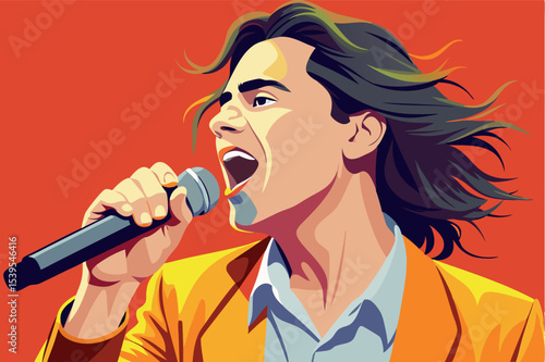Vibrant performer passionately singing into a microphone during a live music event