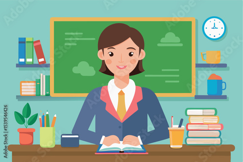 Classroom setting features a smiling teacher at a desk with books, plants, and learning materials during the daytime