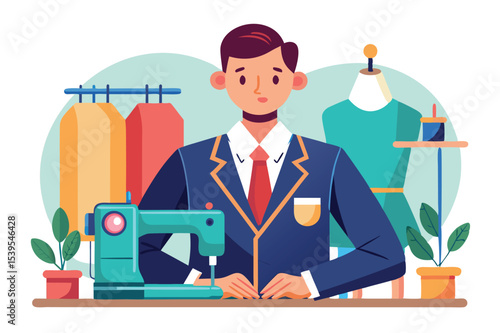 Tailor creating custom garments in a bright sewing studio with vibrant fabrics and stylish designs